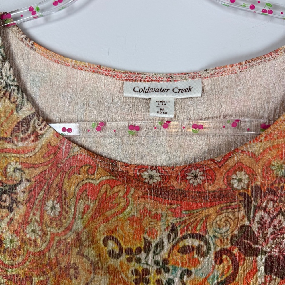 Coldwater Creek Orange Yellow Paisley Print Short Sleeve Top Boho Hippie Medium - Picture 6 of 7
